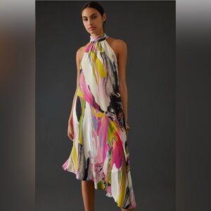 Anthropologie 100% Silk Asymmetrical Water Color‎ Halter Midi Dress Size XS
